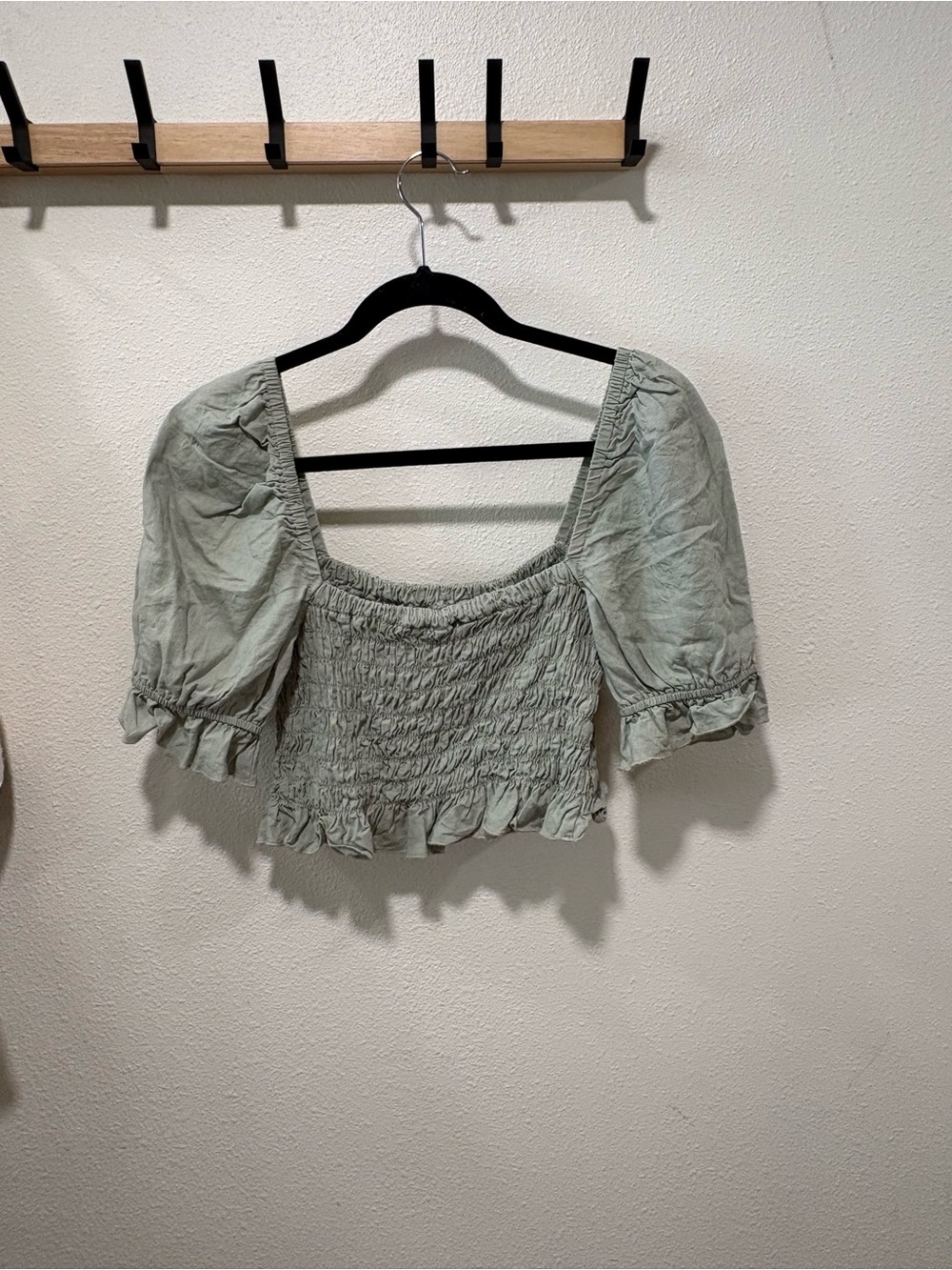 Altard State Smocked Square-Neck Puff Sleeve Crop Top - Sage Green - Picture 3 of 5